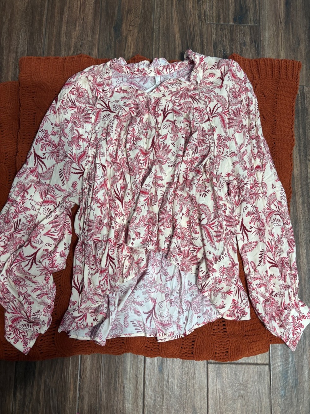 Anthropologie Cream and Red Floral Ruffled Blouse